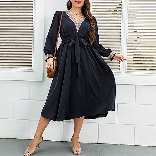 

Women's Plus Size A Line Dress Solid Color V Neck Long Sleeve Fall Winter Stylish Elegant Midi Dress Date Vacation Dress