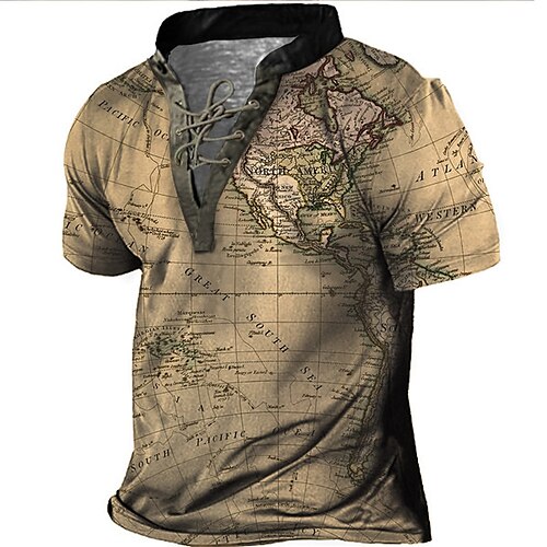 

Men's T shirt Tee Henley Shirt Tee Graphic Map Stand Collar Brown 3D Print Plus Size Outdoor Daily Short Sleeve Lace up Print Clothing Apparel Basic Designer Casual Big and Tall / Summer / Summer