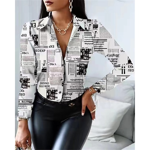 

Women's Blouse Shirt White Letter Print Long Sleeve Casual Daily Elegant Shirt Collar S