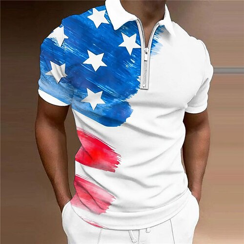 

Men's Collar Polo Shirt Golf Shirt National Flag Turndown Blue 3D Print Outdoor Street Short Sleeves Zipper Print Clothing Apparel Fashion Designer Casual Breathable / Summer / Spring / Summer