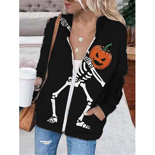 

Women's Hoodie Jacket Warm Breathable Outdoor Halloween Daily Wear Going out Zipper Pocket Print Zipper Hoodie Vintage Sports Comfortable Street Style Skull Regular Fit Outerwear Long Sleeve Winter