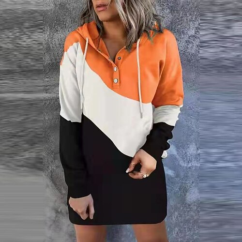 

Women's Casual Dress Hoodie Dress Short Mini Dress White Long Sleeve Color Block Button Print Fall Winter Hooded Fashion Casual Modern 2022 S M L XL XXL 3XL
