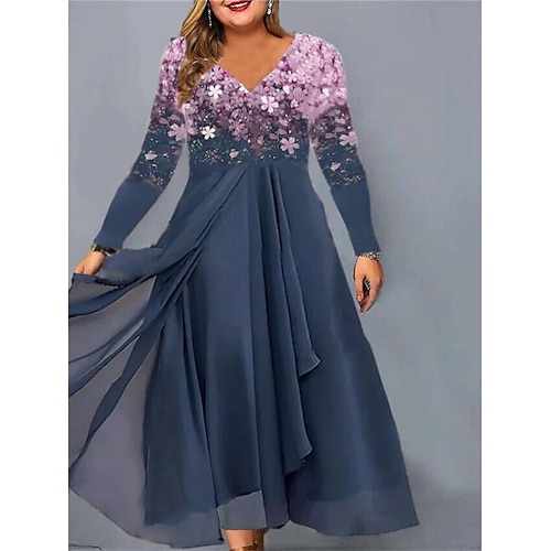 

Women's Plus Size Casual Dress Floral V Neck Long Sleeve Fall Winter Casual Midi Dress Causal Daily Dress