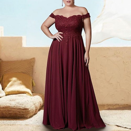 

A-Line Plus Size Curve Formal Dresses Maxi Dress Formal Floor Length Sleeveless Off Shoulder Chiffon with Pleats Embroidery 2022