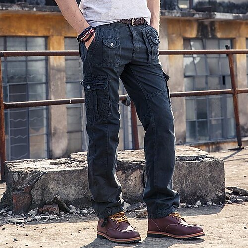 

Men's Cargo Pants Trousers Multi Pocket Straight Leg Solid Color Full Length 100% Cotton Black camouflage Military camouflage Micro-elastic