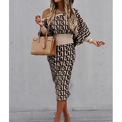 

Women's Sheath Dress Midi Dress Brown Half Sleeve Print Winter Fall Autumn Cold Shoulder Fashion Weekend 2022 S M L XL 2XL 3XL