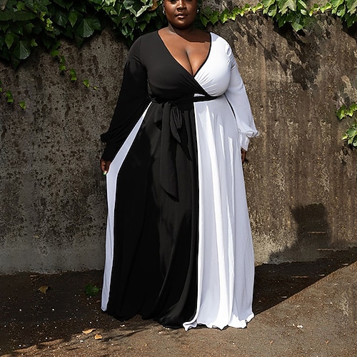 

Women's Plus Size Casual Dress Color Block V Neck Long Sleeve Fall Winter Stylish Elegant Casual Maxi long Dress Daily Vacation Dress / 3D Print