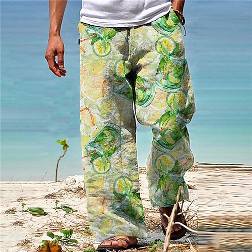 

Men's Trousers Beach Pants Pocket Drawstring Elastic Waist Food Graphic Prints Comfort Breathable Casual Daily Holiday Streetwear Designer Green / Elasticity