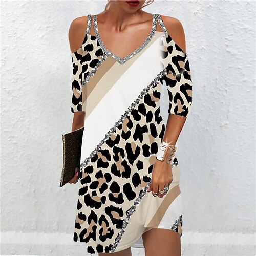 

Women's Casual Dress Mini Dress Black Khaki 3/4 Length Sleeve Leopard Sequins Winter Fall Spaghetti Strap Fashion 2022 S M L XL XXL 3XL