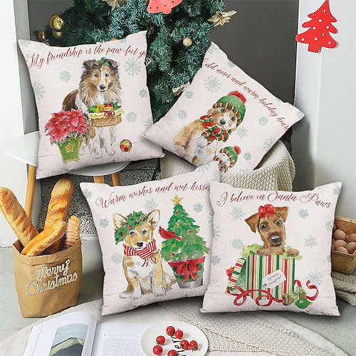 

Christmas Party Double Side Throw Pillow Cover 4PC Wreath Noel Gift Soft Decorative Square Cushion Case Pillowcase for Bedroom Livingroom Sofa Couch Chair Machine Washable