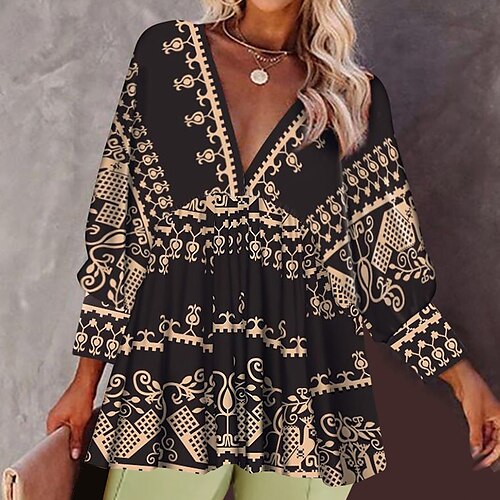 

Women's Blouse Shirt Graphic Casual Weekend Blouse Shirt Long Sleeve Flowing tunic Print V Neck Streetwear Black S / 3D Print