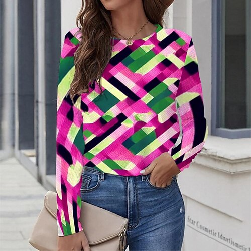 

Women's T shirt Tee Red Graphic Geometric Print Long Sleeve Casual Daily Vintage Round Neck Regular Geometric Painting S / 3D Print