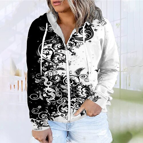 

Women's Plus Size Tops Hoodie Sweatshirt Floral Zipper Print Long Sleeve Hooded Streetwear Daily Vacation Polyester Fall Winter Black / 3D Print