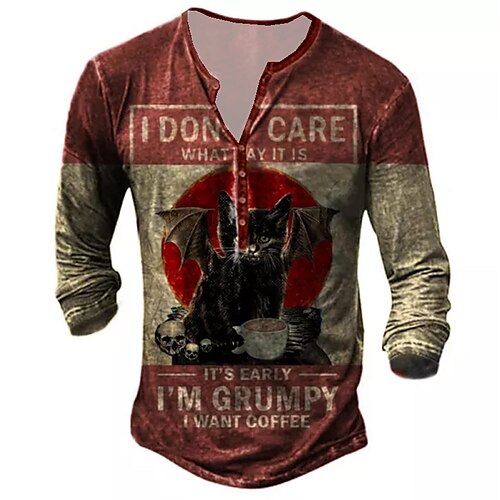 

Homens Camiseta Camisa Henley Camisetas Gráfico Gato Henley Vermelho Impressão 3D Tamanho Grande Ao ar livre Diário Manga Longa Botão para baixo Imprimir Roupa Básico Designer Clássico Confortável