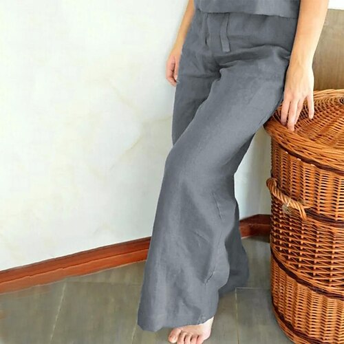 

Women's Wide Leg Pants Trousers Trousers Straight Faux Linen Blue Orange Grey Mid Waist Fashion Soft Casual Daily Baggy Micro-elastic Full Length Comfort Plain S M L XL XXL