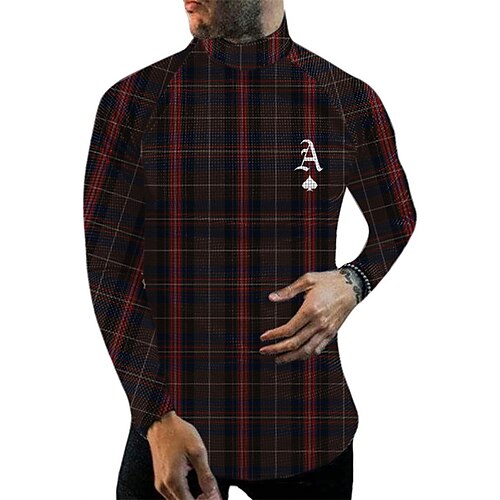 

Men's T shirt Tee Graphic Plaid Turtleneck Red 3D Print Street Daily Long Sleeve Print Clothing Apparel Basic Streetwear Big and Tall Pocket / Work