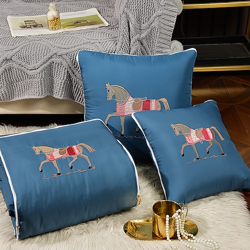 

Horse Embroidery Solid 2 In 1 Cushion Pillow Portable Foldable Throw Pillows With Zipper Sofa Car Office Nap Blanket Quilt Bedding Home Decor