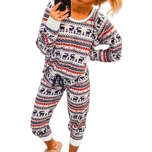 

Women's Christmas Pjs Pajamas Sets Pjs 2 Pieces Elk Stripe Comfort Soft Home Christmas Vacation Polyester Crew Neck Long Sleeve Pant Winter Fall Gray