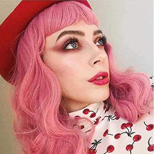 

Synthetic Wig Natural Wave With Bangs Machine Made Wig 14 inch Synthetic Hair Women's Adjustable Color GradientHigh Quality Pink
