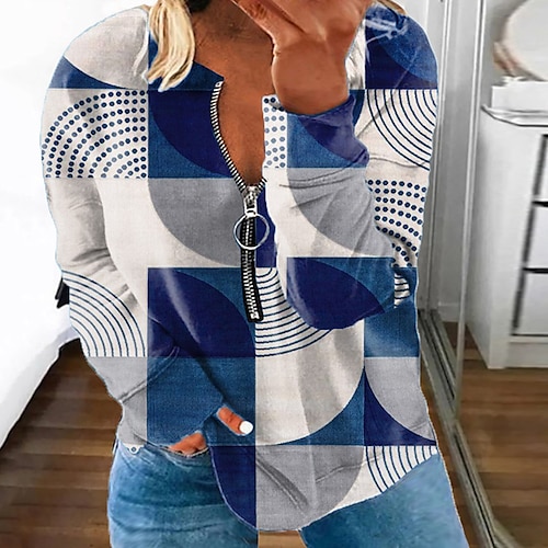 

Women's Plus Size Tops Pullover Sweatshirt Hoodie Sweatshirt Color Block Geometry Zipper Print Long Sleeve Round Neck Casual Daily Vacation Polyester Fall Winter Blue