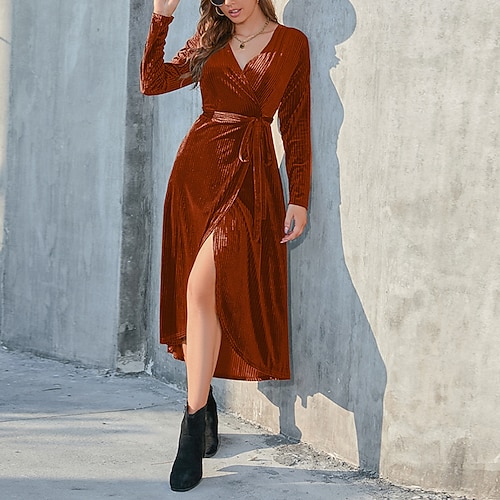 

damen prom samtkleid grün wickelkleid midikleid grün blau weinbraun langarm reine farbe schnüren winter herbst v-ausschnitt klassisches herbstkleid 2023 s m l xl 2xl 3xl winterkleid