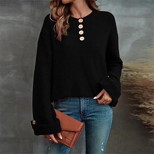 

Women's Pullover Sweater jumper Jumper Crochet Knit Button Knitted Pure Color Crew Neck Stylish Casual Outdoor Daily Winter Fall Brown White S M L / Long Sleeve / Holiday / Regular Fit / Going out