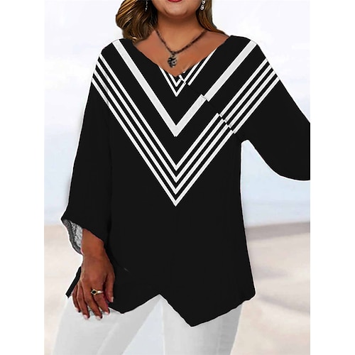 

Women's Plus Size Tops Blouse Shirt Geometry Print Long Sleeve V Neck Casual Daily Going out Polyester Fall Winter Black Navy Blue / 3D Print