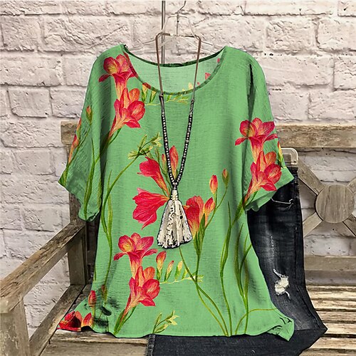 

Women's Plus Size Tops Blouse Shirt Floral Print Half Sleeve Crewneck Casual Daily Going out Polyester Fall Winter Green