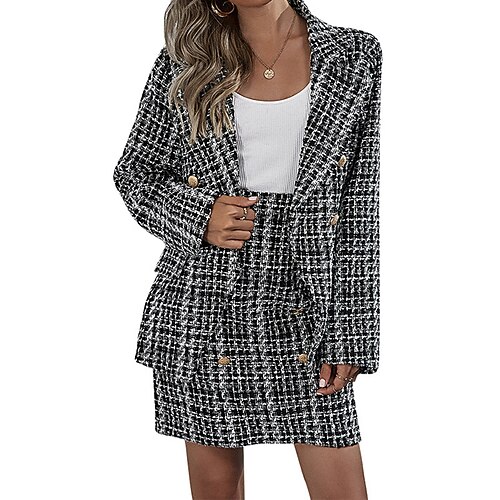 

Women's Suits Breathable Comfortable Office Work Park Button Pocket Double Breasted Turndown Fashion OL Style Street Style Plaid Regular Fit Outerwear Long Sleeve Winter Fall Black S M L XL