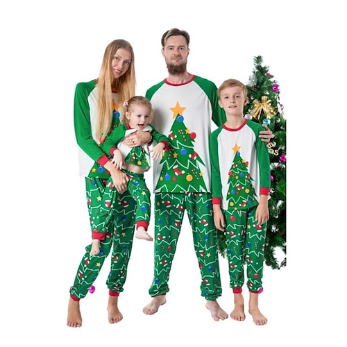 

Christmas Pajamas Family Set Ugly Christmas Tree Christmas pattern Christmas Gifts Green Long Sleeve Mom Dad and Me Daily Matching Outfits