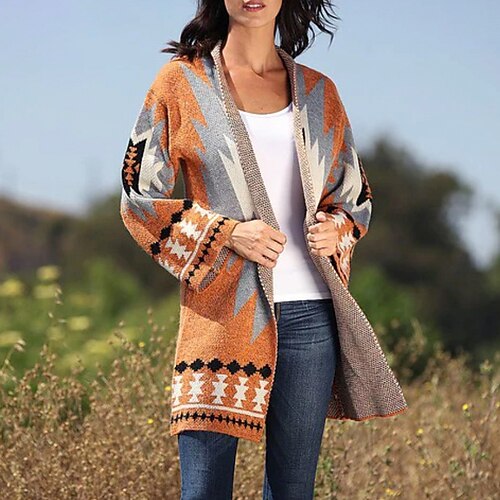 

Women's Casual Jacket Windproof Warm Outdoor Street Daily Vacation Knit Open Front Collarless Fashion Modern Street Style Geometric Regular Fit Outerwear Long Sleeve Winter Fall Yellow S M L XL