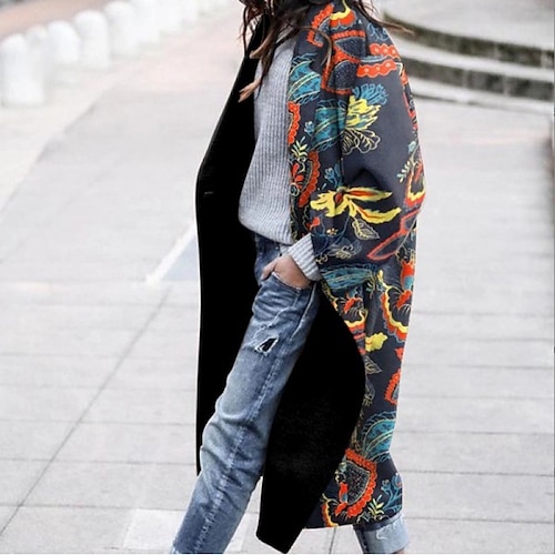 

Women's Winter Coat Warm Breathable Outdoor Street Going out Casual Daily Pocket Print Single Breasted Turndown Active Fashion Street Style Flower Regular Fit Outerwear Long Sleeve Winter Fall Orange