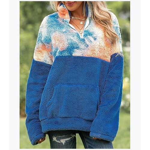 

Women's Sweatshirt Pullover Sherpa Fleece Teddy Zipper Front Pocket Blue Beige White Tie Dye Street Hoodie Long Sleeve Fleece S M L XL 2XL