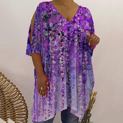 

Women's Plus Size Tops Tunic T shirt Tee Floral Color Block Cut Out Print Half Sleeve V Neck Casual Daily Going out Polyester Fall Winter Green Blue