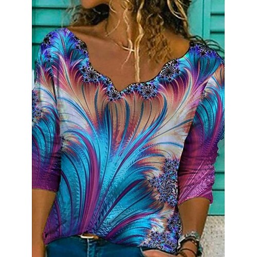 

Women's Shirt Graphic Daily Weekend Shirt Long Sleeve Print V Neck Casual Streetwear Blue S / 3D Print