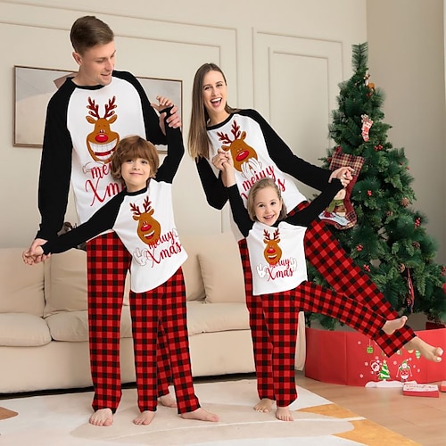 

Christmas Pajamas Family Set Ugly Plaid Christmas pattern Home White Long Sleeve Mom Dad and Me Daily Matching Outfits