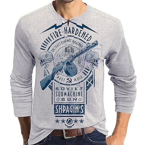 

Homens Camiseta Camisa Henley Camisetas Gráfico Letra Arma Henley Cinzento Impressão 3D Tamanho Grande Ao ar livre Diário Manga Longa Botão para baixo Imprimir Roupa Básico Designer Casual Clássico