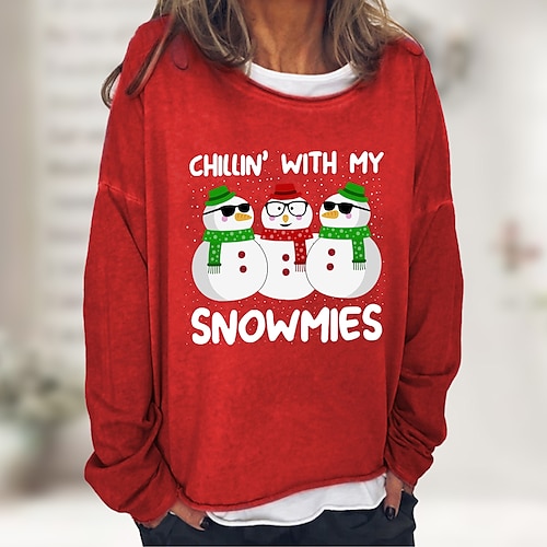 

Women's Pullover Basic Casual Christmas Print Black Khaki Light Grey Snowman Loose Fit Christmas Crew Neck Long Sleeve S M L XL XXL 3XL