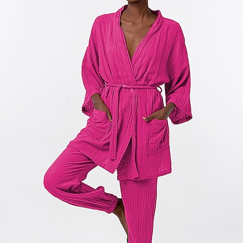 

Women's Pajamas Pjs 2 Pieces Pure Color Fashion Comfort Home Bed Polyester V Wire Long Sleeve Pocket Belt Included Chest pads Winter Fall Khaki Orange
