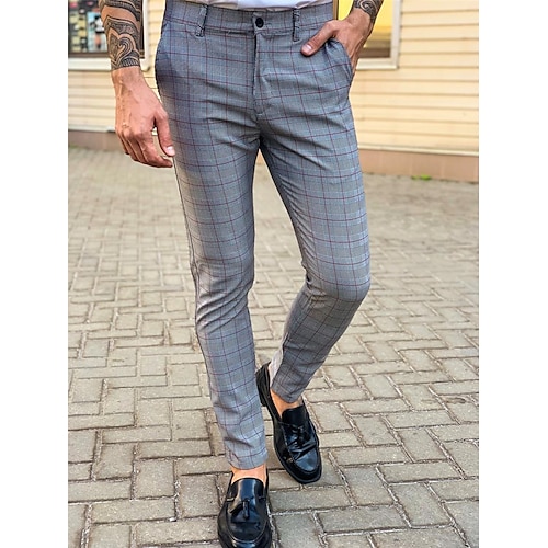 

Men's Chinos Slacks Trousers Jogger Pants Plaid Dress Pants Plaid Checkered Comfort Soft Office Business Streetwear Casual Gray Inelastic / Spring