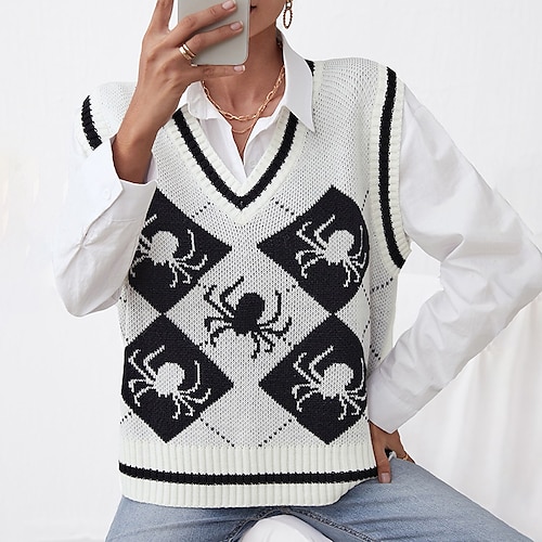 

Women's Sweater Vest Jumper Crochet Knit Tunic Knitted Print Animal V Neck Stylish Casual Outdoor Halloween Fall Winter White S M L / Long Sleeve