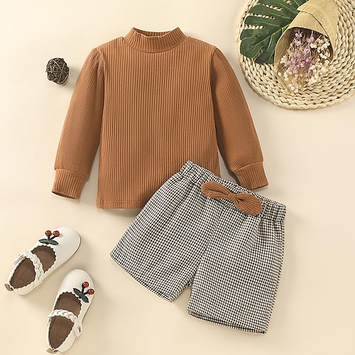 

2 Pieces Kids Girls' T-shirt Shorts Clothing Set Outfit Solid Color Houndstooth Long Sleeve Cotton Set Street Daily Comfort Winter Fall 2-6 Years Brown