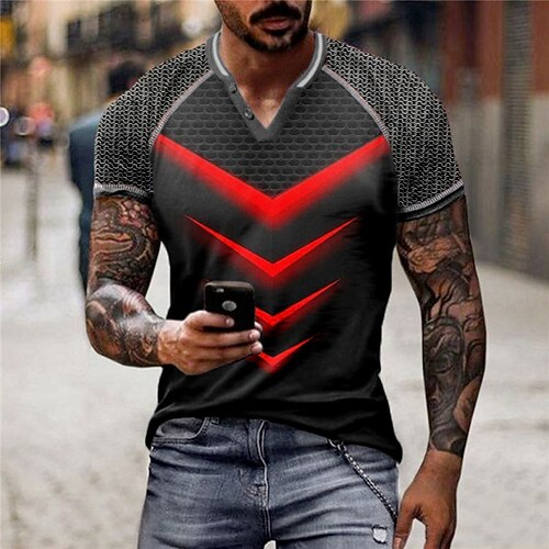 

Men's Unisex T shirt Tee Color Block Graphic Prints V Neck Green Blue Orange Gray White 3D Print Outdoor Street Short Sleeve Patchwork Button-Down Clothing Apparel Sports Designer Casual Big and Tall