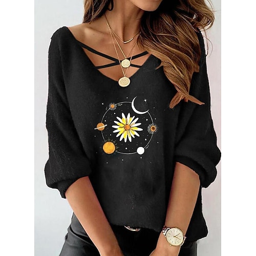 

Women's T shirt Tee Black Galaxy Daisy Print Long Sleeve Daily Weekend Basic V Neck Regular Floral Painting S / 3D Print