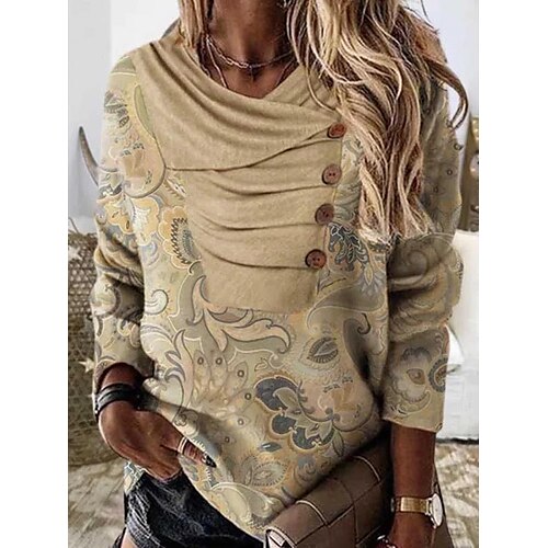 

Women's Blouse Shirt Light Blue Dark Green khaki Graphic Button Print Long Sleeve Daily Weekend Streetwear V Neck Regular S / 3D Print