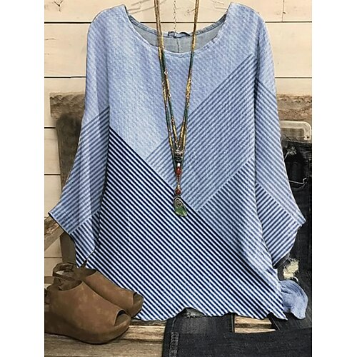 

Women's Blouse Shirt Black Blue Pink Striped Print Long Sleeve Casual Weekend Streetwear Round Neck Regular S / 3D Print