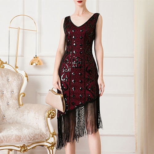 

Women's Party Dress Fringe Dress Knee Length Dress Rose gold powder Black wine red Black Sleeveless Pure Color Sequins Tassel Fringe Fall Winter V Neck Stylish Elegant 2022 S M L XL / Sequin Dress