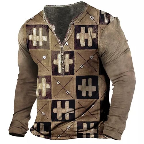 

Men's T shirt Tee Henley Shirt Tee Graphic Henley Brown 3D Print Plus Size Outdoor Daily Long Sleeve Button-Down Print Clothing Apparel Basic Designer Classic Comfortable / Sports