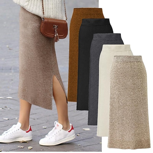 

Women's Skirt Pencil Midi Woolen caramel Light Grey Dark Grey Apricot Skirts Autumn / Fall Split Basic Casual Daily Weekend S M L