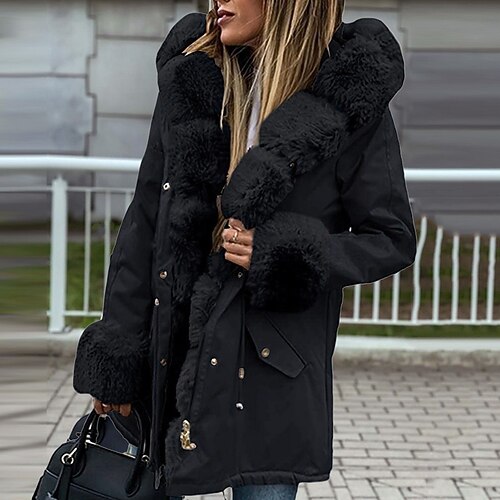 

Women's Winter Jacket Winter Coat Parka Warm Breathable Street Holiday Daily Wear Vacation Patchwork Pocket Fur Collar Fleece Lined Zipper Hoodie Active Fashion Comfortable Street Style Solid Color